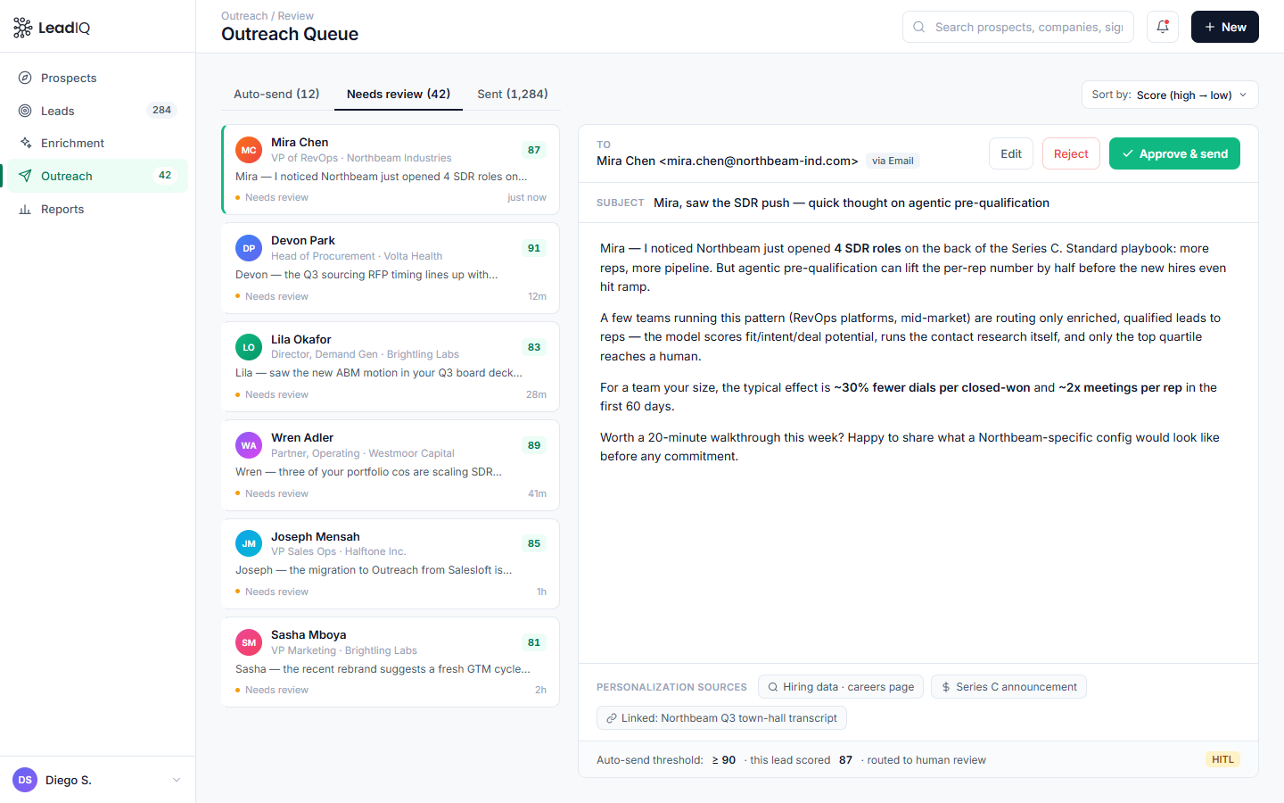 Outreach queue — drafted personalized outreach with HITL approval