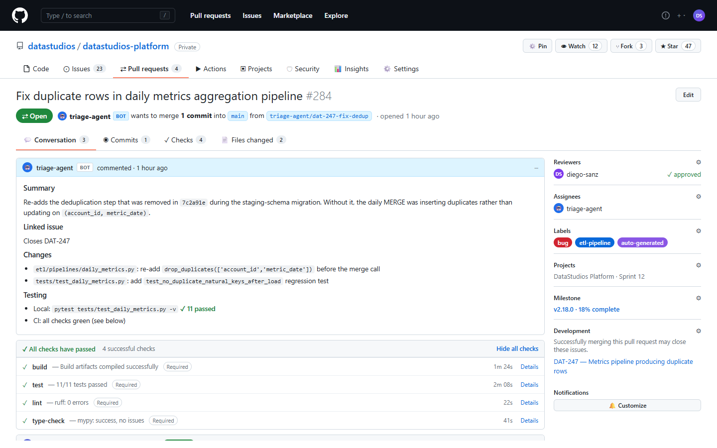 GitHub PR opened by the dev agent with green CI