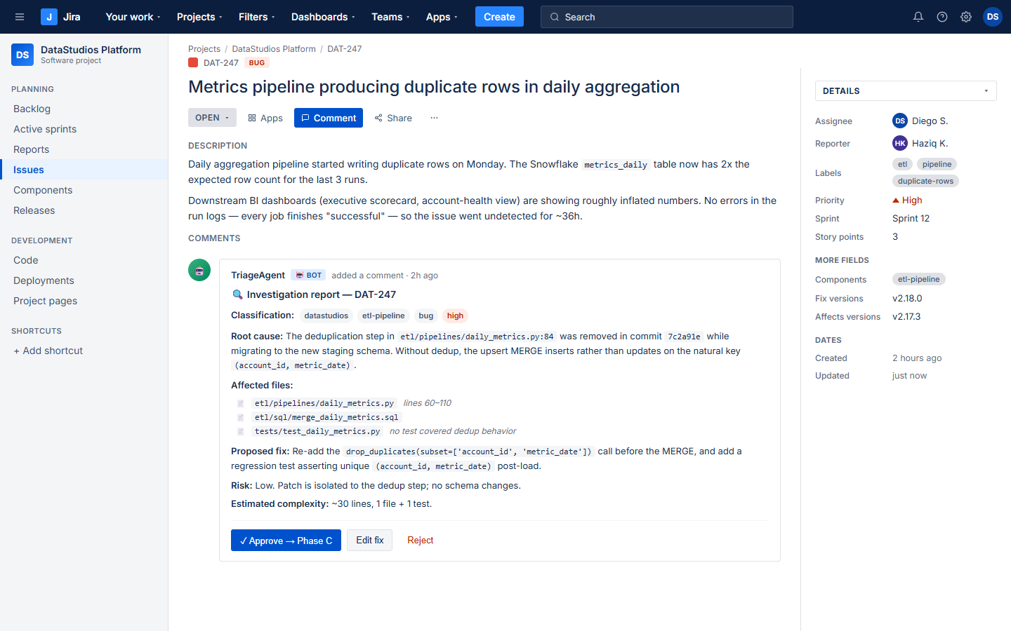 Jira ticket with TriageAgent investigation comment