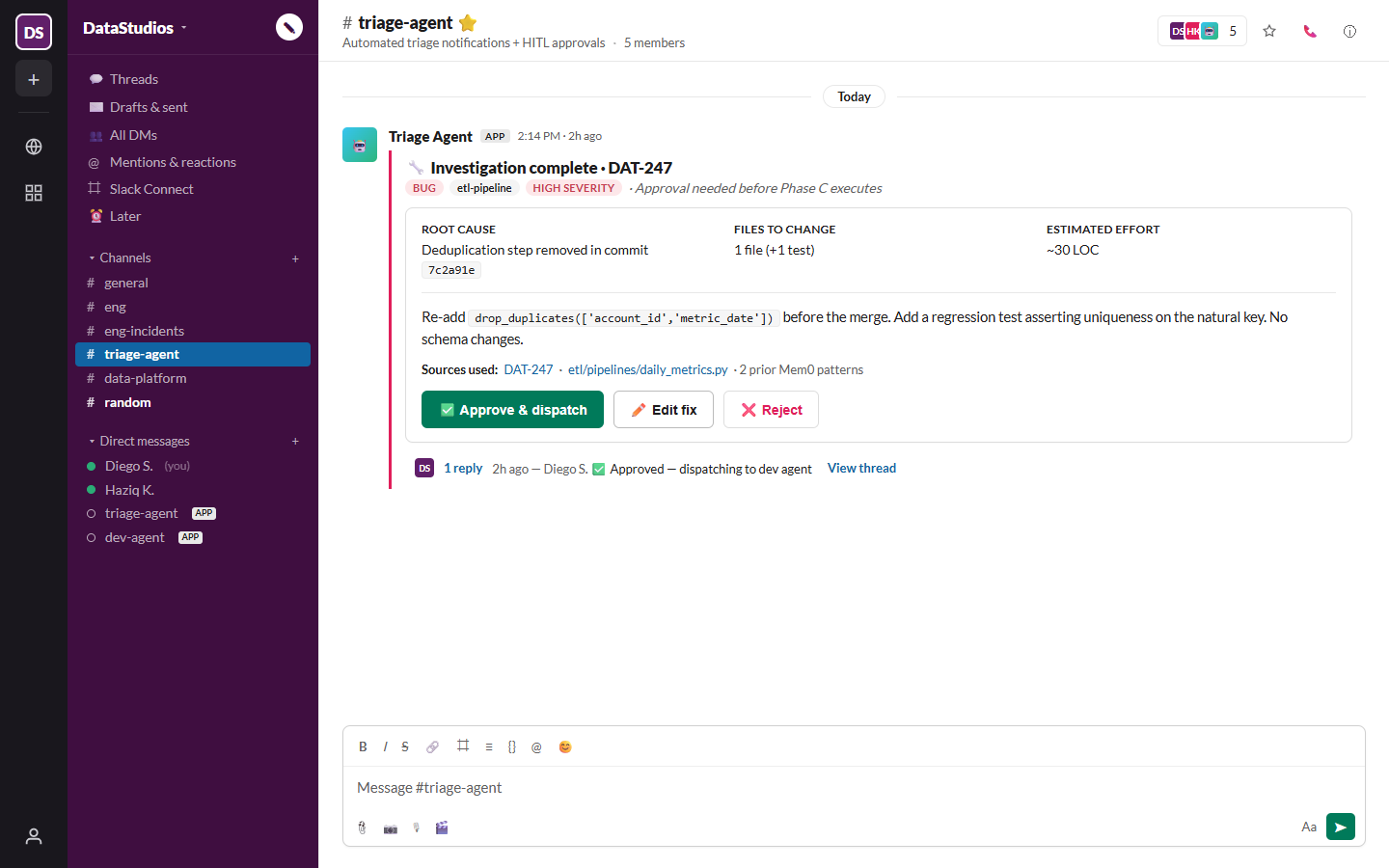 Slack channel with bot alert and approval buttons