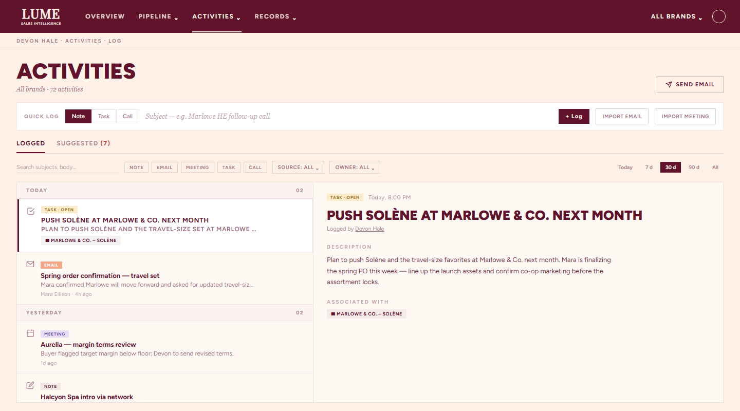 Activity log — chronological emails, meetings, calls, and notes