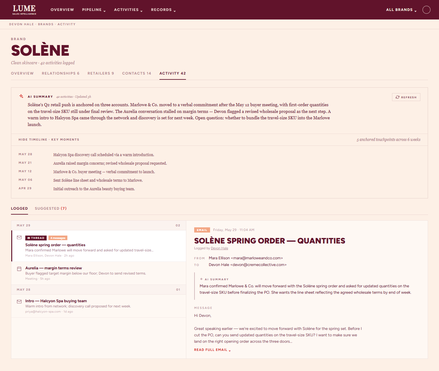 AI activity summary - rolling account narrative, key-moments timeline, and per-email recaps