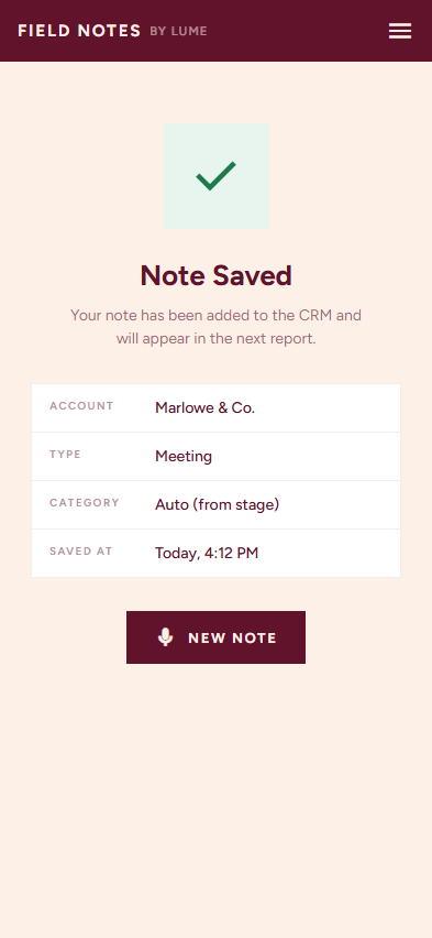 Field Notes confirmation — note saved to CRM