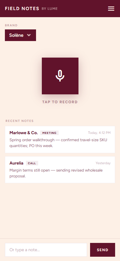 Field Notes home — brand select and tap-to-record